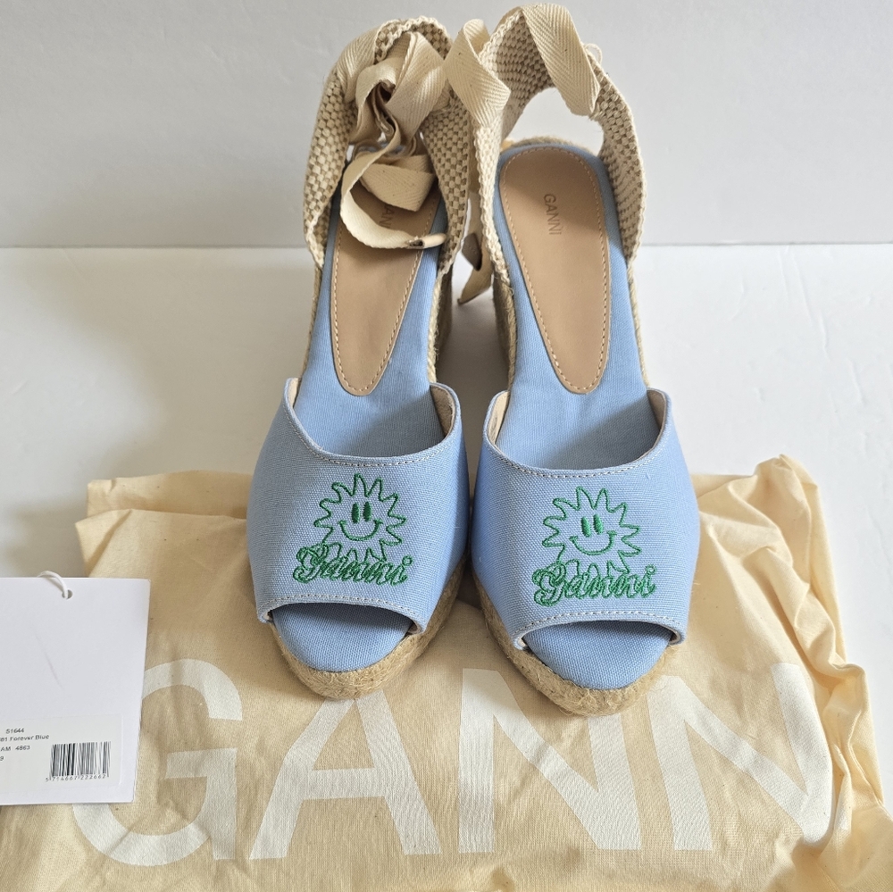 Ganni Canvas Open Toe Wedge Platform Lace Up Espadrilles Light Blue Cream - Picture 5 of 10